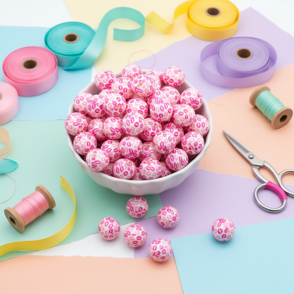 Pink beads with kiss print pattern in a bowl surrounded by colorful ribbons and scissors on a multicolored background