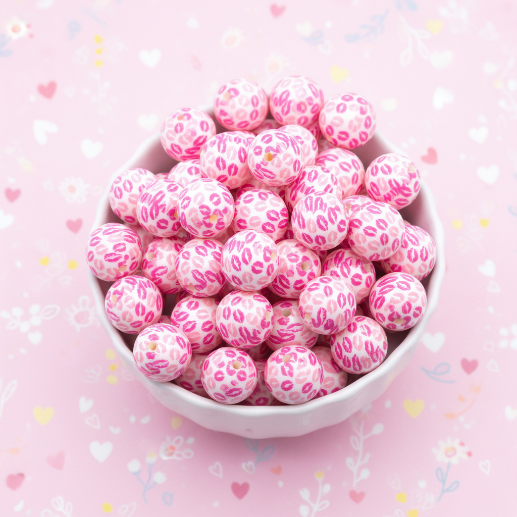 Pink kiss print beads in a white bowl on a pink background with heart shapes.