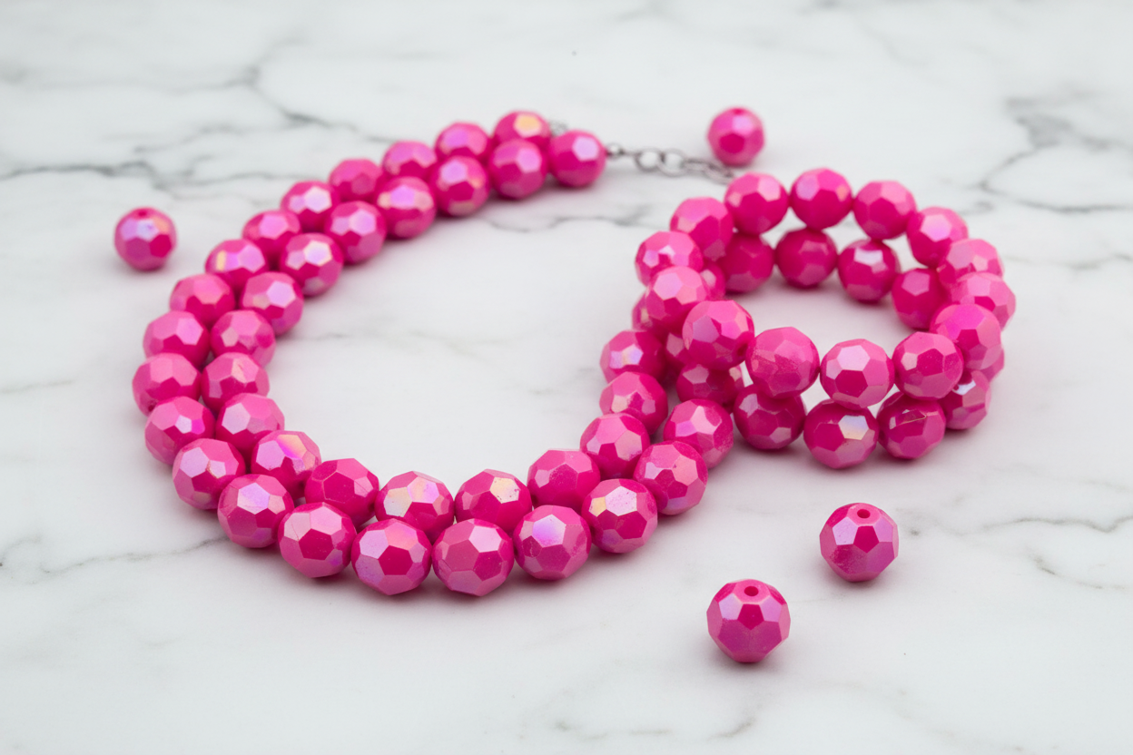 Pink faceted beads displayed as a beaded necklace and bracelet on a marble surface