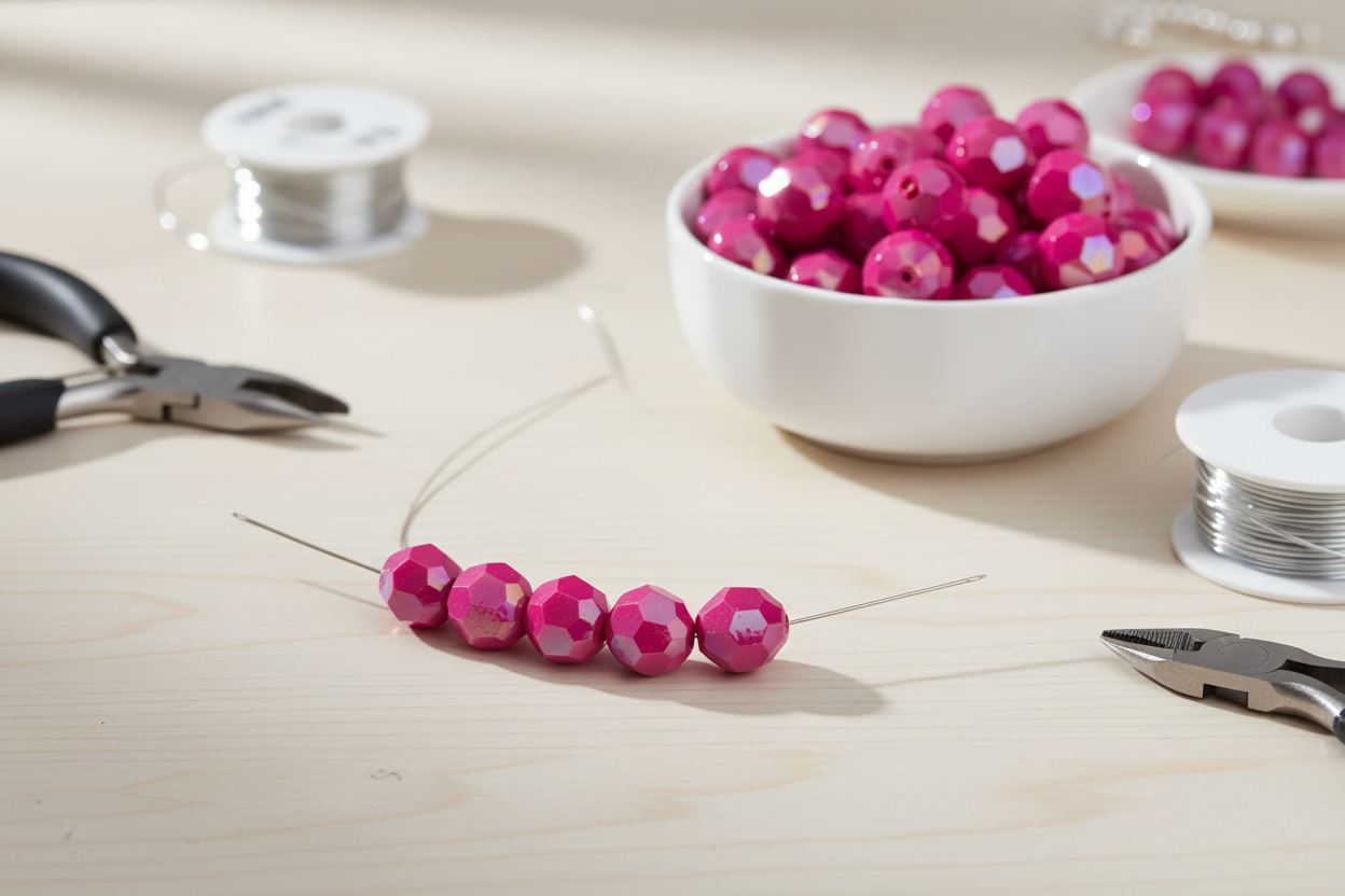 Pink faceted beads on a string with tools and more beads in the background on a light surface.