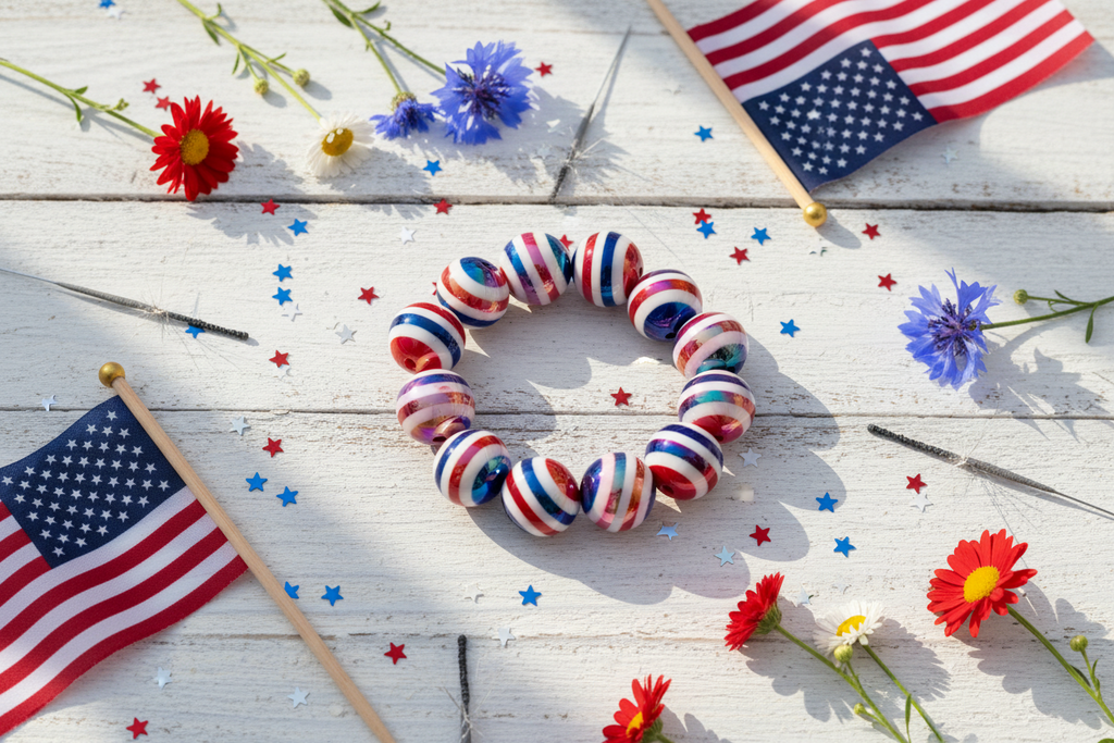 Red, White and Blue striped beads shown as a bracelet on a wooden surface with American flags and flowers.