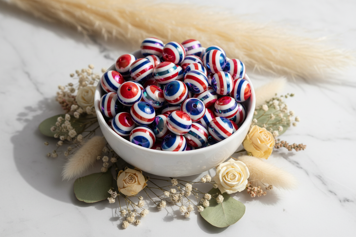 White bowl filled with red, white and blue striped beads on a light background with flowers and leaves.