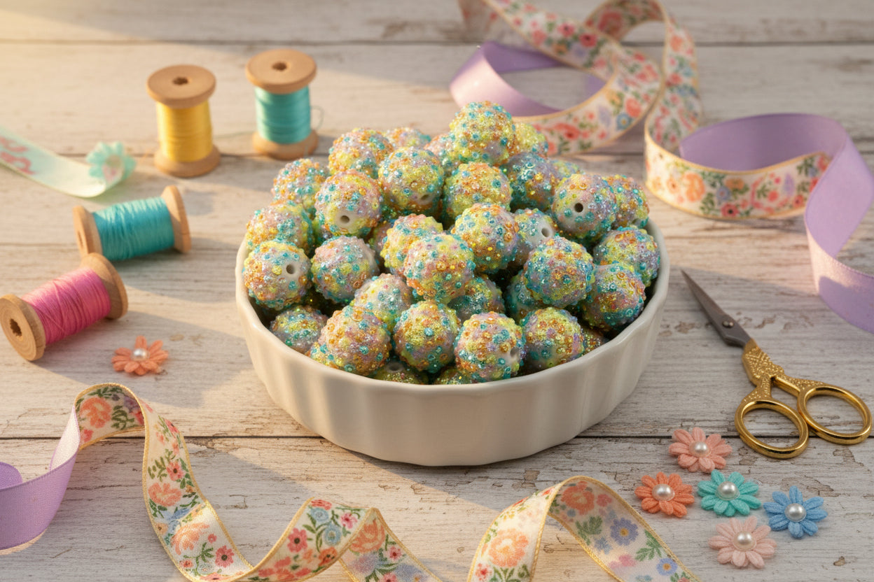 rainbow rhinestone beads in a white bowl on a textured background with spools of ribbon and scissors