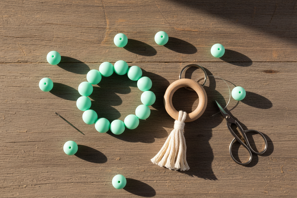 A flat-lay of mint green beads, a natural wood ring, a cream tassel, scissors, and a pin on a rustic wooden table.