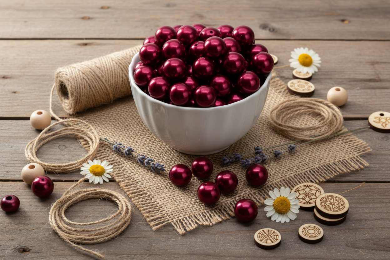 A white ceramic bowl filled with shiny deep red bubblegum beads, arranged on a rustic wooden surface with twine, wooden beads, daisies, and burlap fabric.