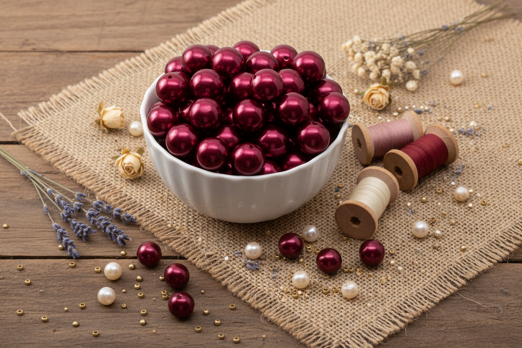 A white ceramic bowl filled with shiny deep red bubblegum beads, arranged on a rustic wooden surface with burlap, thread spools, scattered pearls, and dried floral accents.