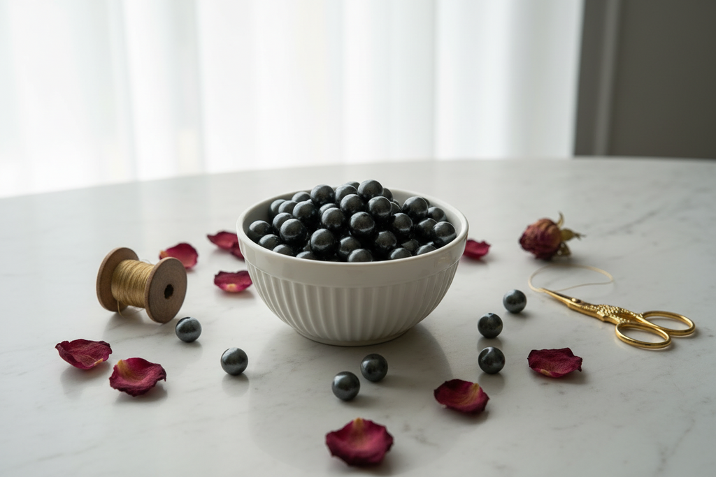 gray bubblegum beads in a white bowl on a white table with flower petals and scissors
