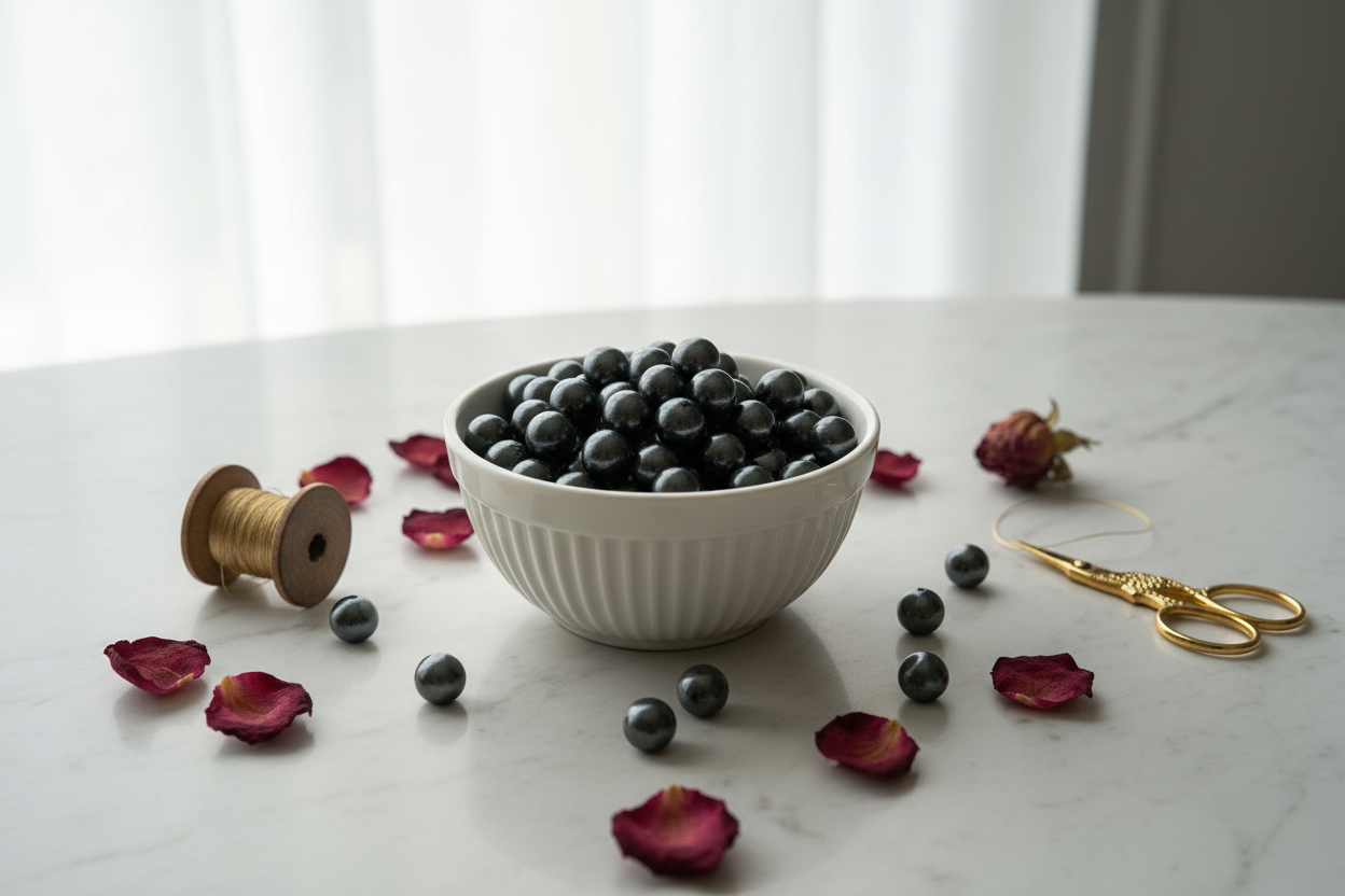 gray bubblegum beads in a white bowl on a white table with flower petals and scissors