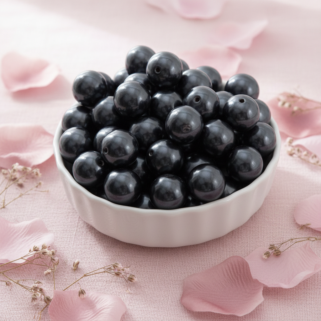 gray bubblegum beads in a white bowl on a pink background 