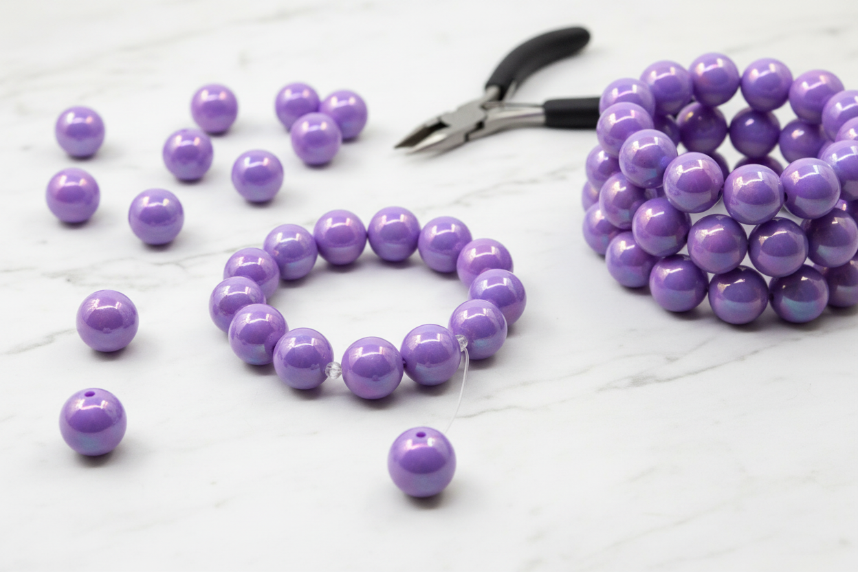 Purple iridescent beads shown as bracelets and pliers on a white surface