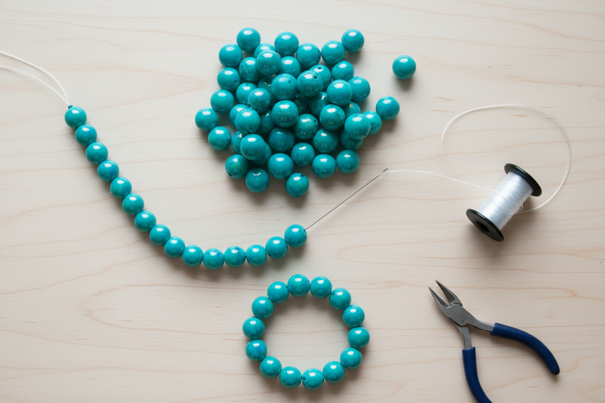 blue iridescent beads shown as a bracelet with tools on a light wooden surface
