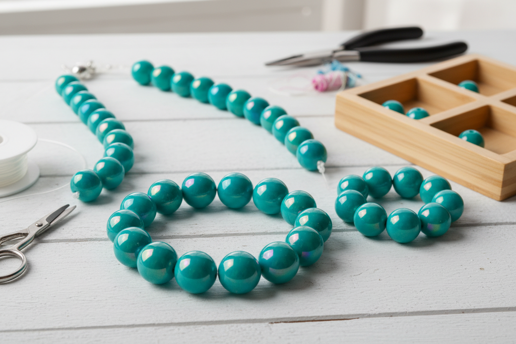 blue iridescent beads shown as a  necklace on a wooden surface with scissors and a box in the background.