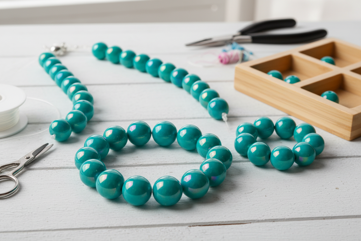blue iridescent beads shown as a  necklace on a wooden surface with scissors and a box in the background.