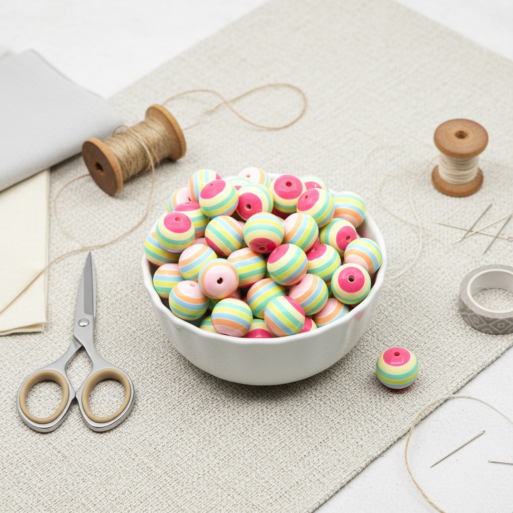 A white bowl filled with colorful pastel striped beads in pink, green, yellow, and white, arranged on a light beige fabric surface with spools of thread, scissors, and sewing notions around it.