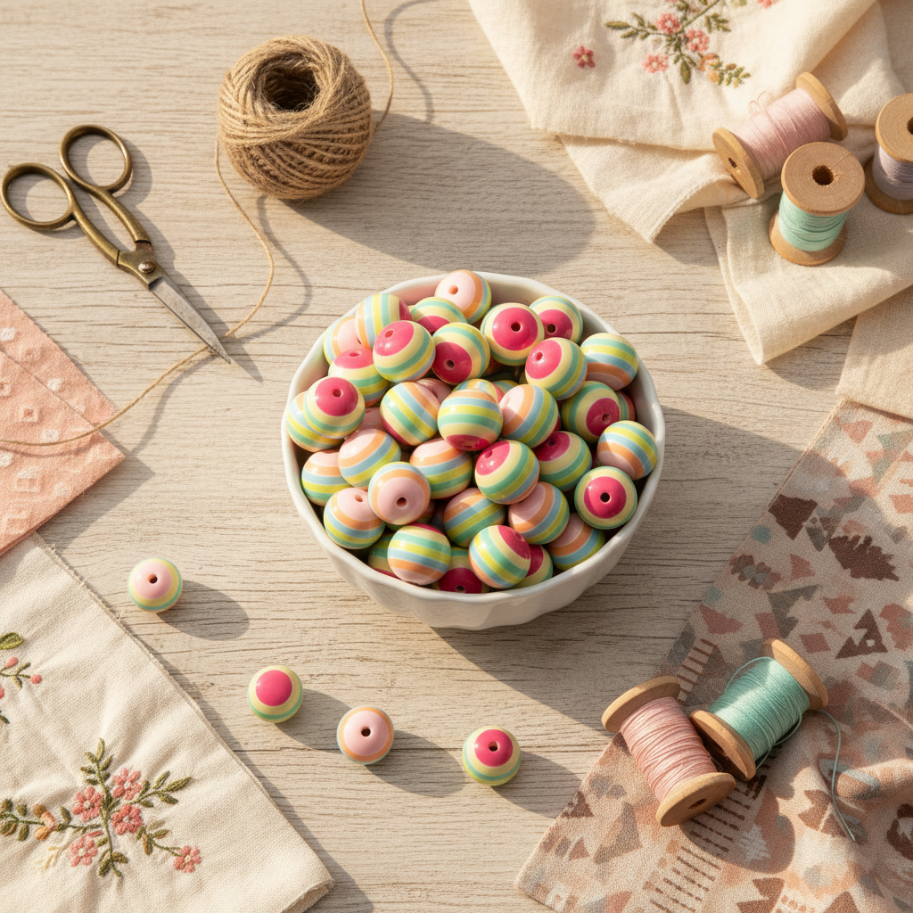 bowl of pastel striped beads that are pink, green, blue, peach and white on a wood background with spools of thread and scissors. 