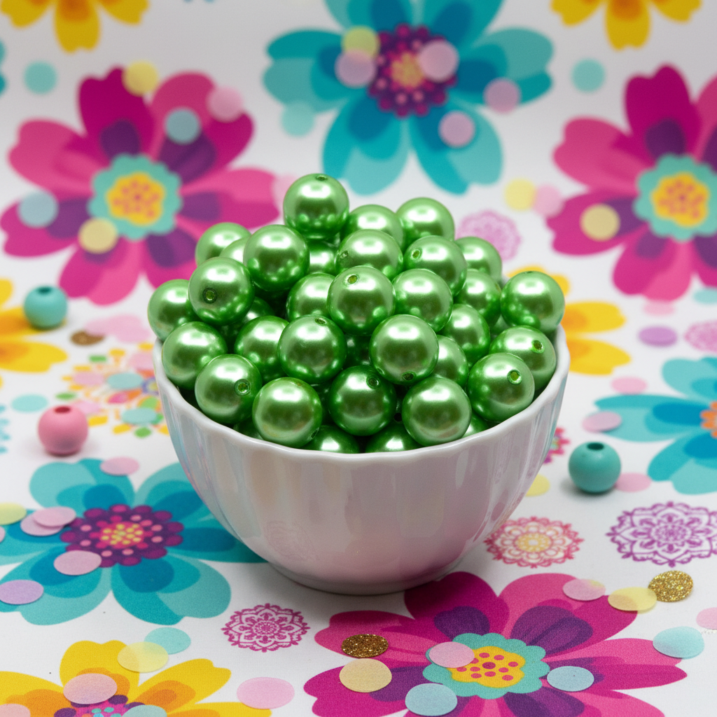 Green metallic beads in a white bowl on a colorful floral background