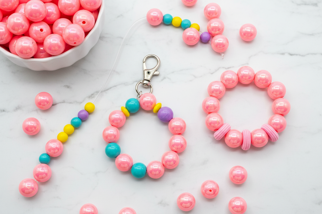 Pink bead shown in accessories including a bracelet, keychain, and keyring on a marble surface.