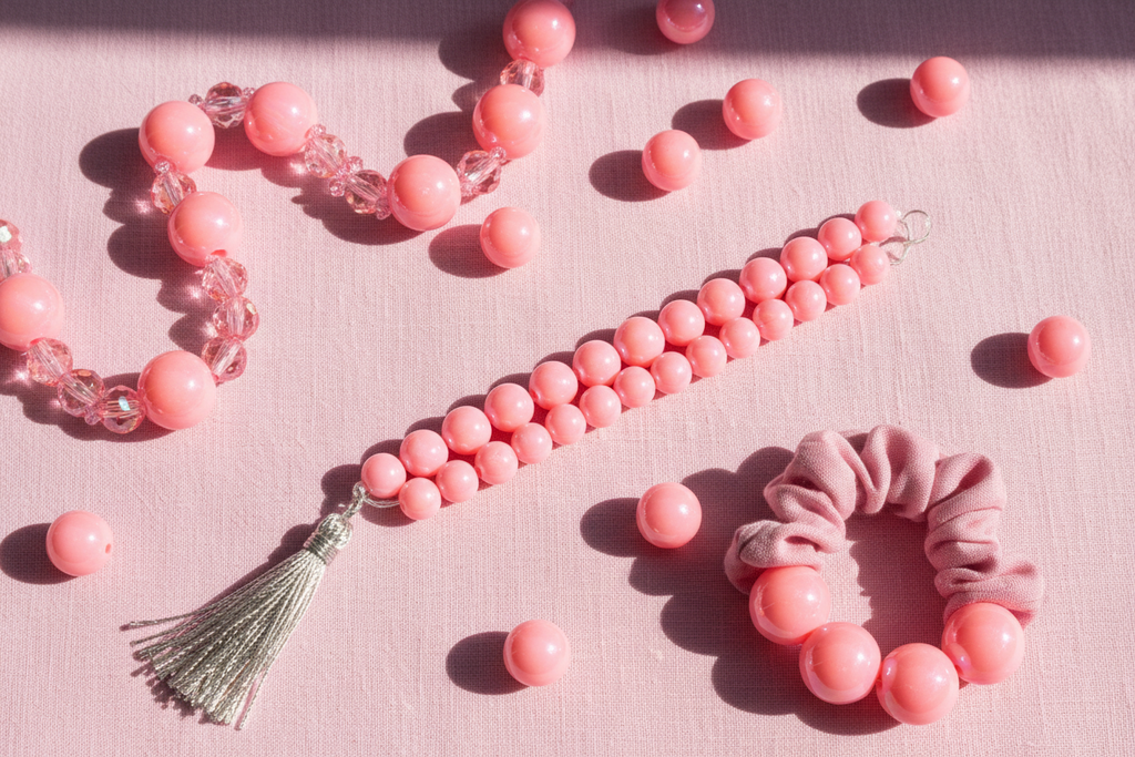 Pink iridescent beads shown in a beaded necklace, bracelet, and scrunchie on a pink background.
