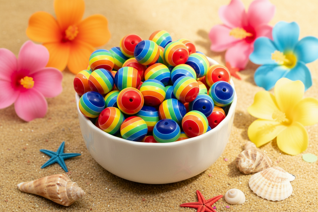 A white bowl filled with colorful rainbow-striped round beads, styled on sand with plastic flowers, shells, and starfish.