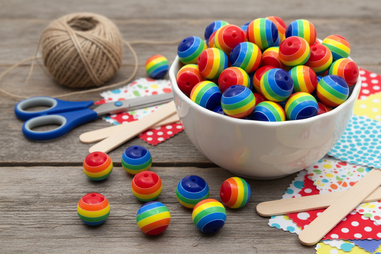 A white bowl filled with colorful rainbow-striped  beads, with several loose matching beads scattered on a rustic wooden table. Blue-handled scissors, a ball of twine, wooden sticks, and patterned paper are arranged around it.