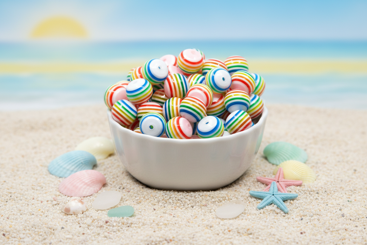 A white bowl filled with rainbow striped bubblegum beads sits on a sandy beach with seashells and starfish, against a blurred ocean background.