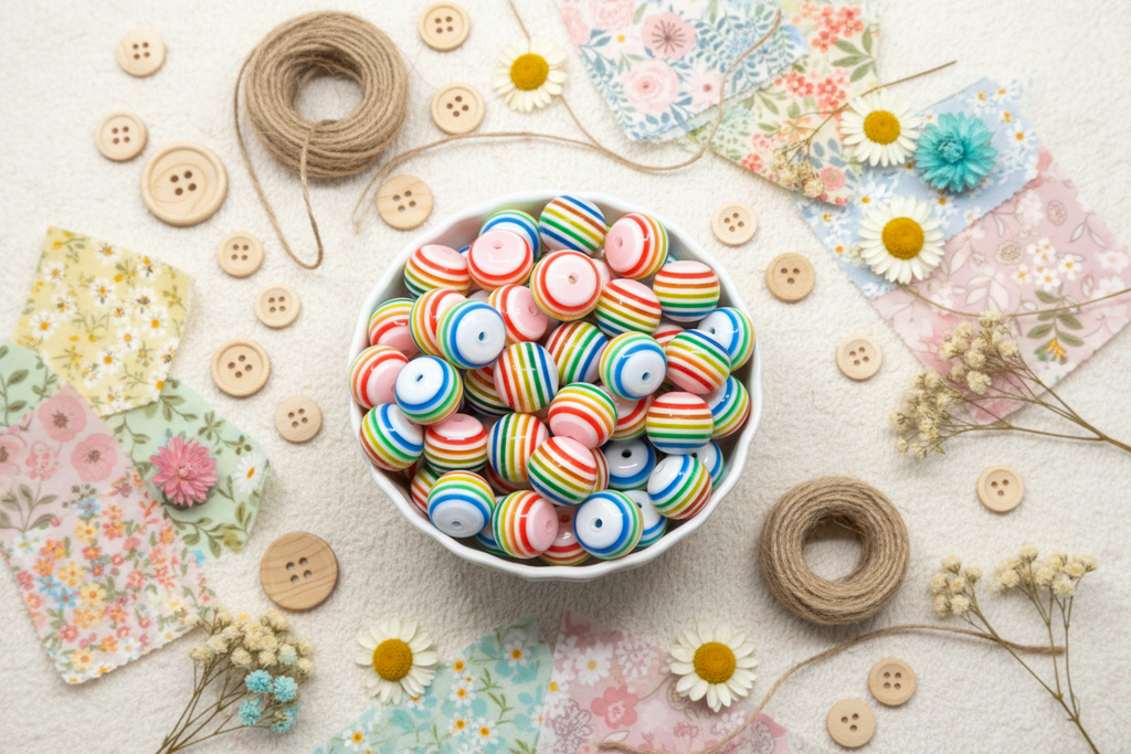 A white bowl filled with rainbow striped bubblegum beads, surrounded by floral fabric swatches, wooden buttons, twine, and small dried flowers on a light fabric background.
