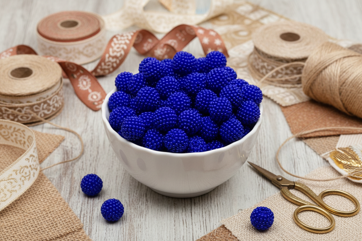 A white ceramic bowl filled with blue beaded bubblegum beads, styled on a light wood surface with burlap, ribbon, twine, scissors, and small loose candies.