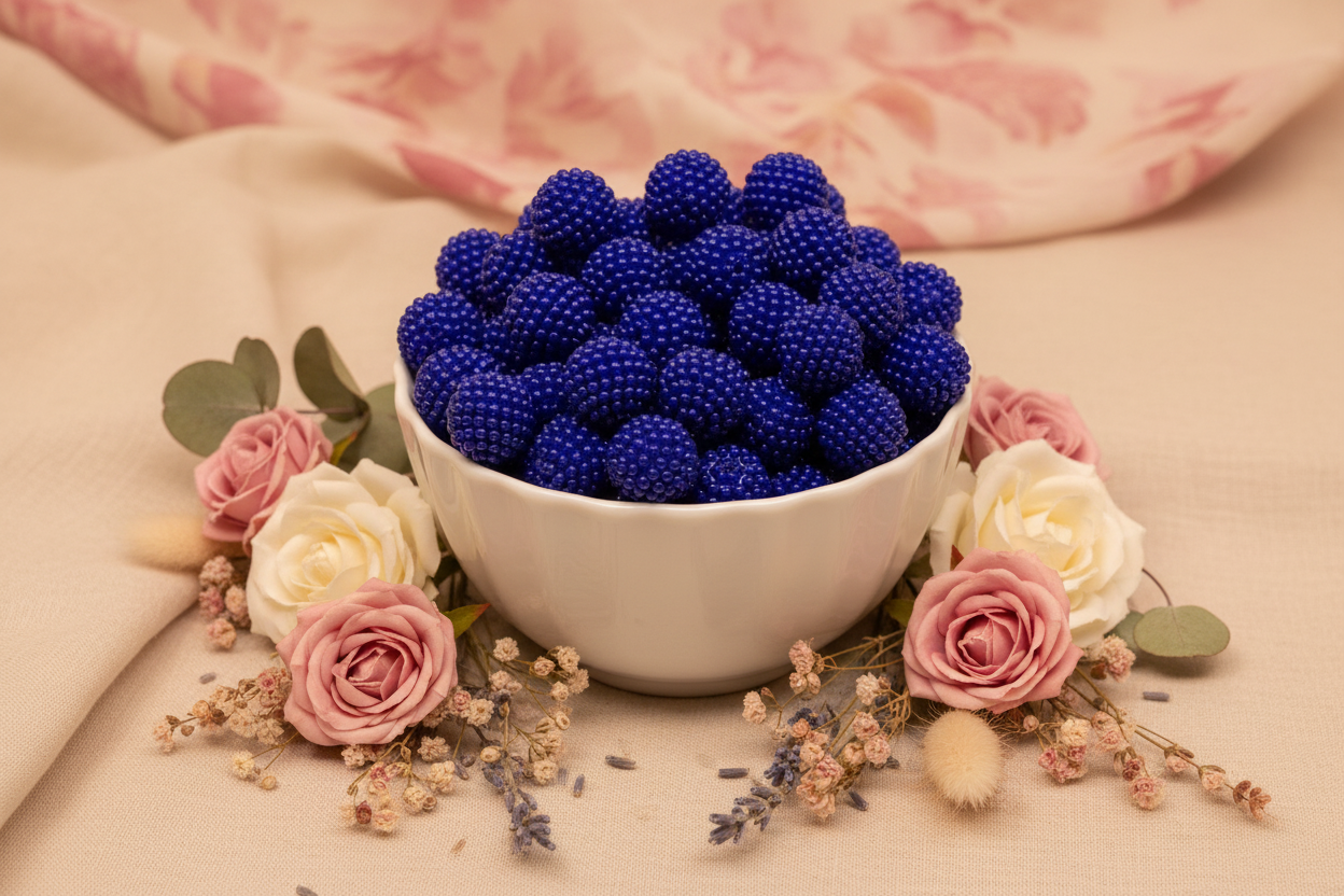 A white ceramic bowl filled with blue beaded bubblegum beads, styled with pink and white roses, dried flowers, and green leaves on a beige fabric surface.