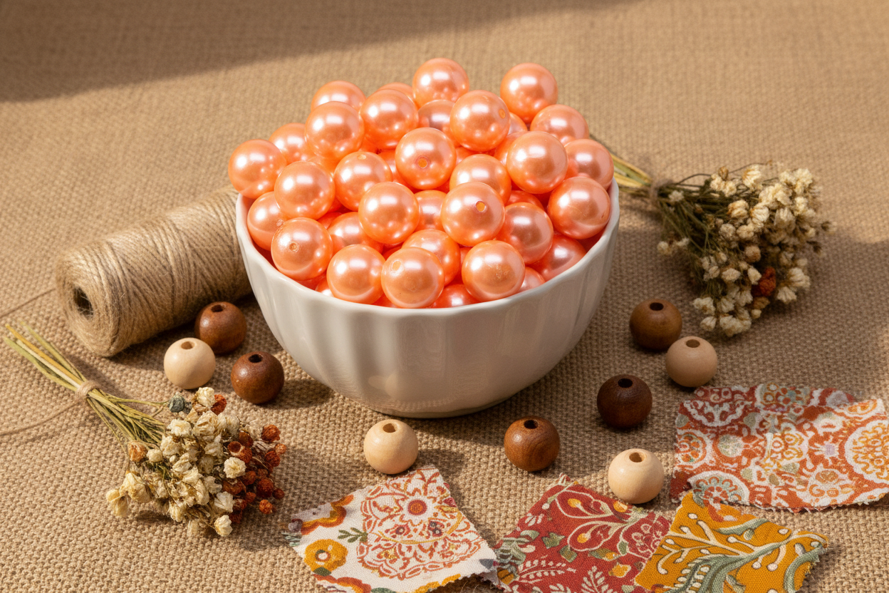 A white ceramic bowl filled with glossy sherbet orange bubblegum beads, styled on a burlap surface with a spool of twine, wooden beads, dried flowers, and patterned fabric pieces.