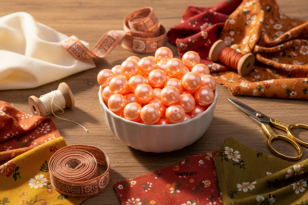 A white bowl filled with orange sherbet bubblegum beads, styled on a wooden surface with sewing and crafting props including patterned fabrics, ribbon spools, scissors, and thread.