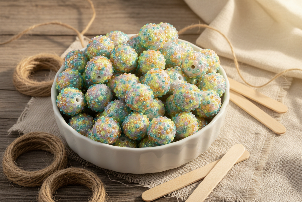 rainbow rhinestone beads in a white bowl on a rustic wooden surface with twine and popsicle sticks.
