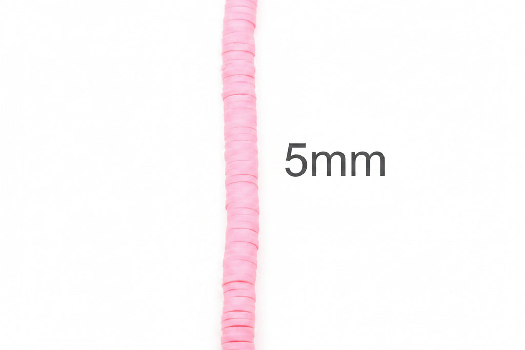 A close-up of a single strand of pink polymer clay disc beads shown vertically on a white background, with the text '5mm' to the right indicating the size