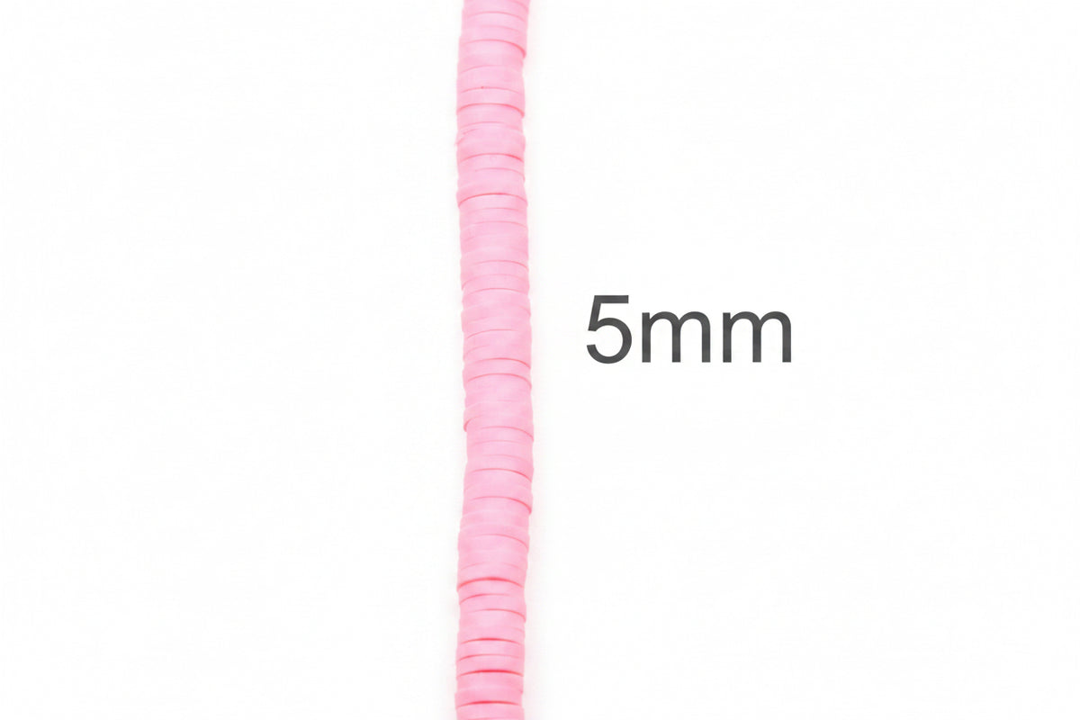 A close-up of a single strand of pink polymer clay disc beads shown vertically on a white background, with the text '5mm' to the right indicating the size