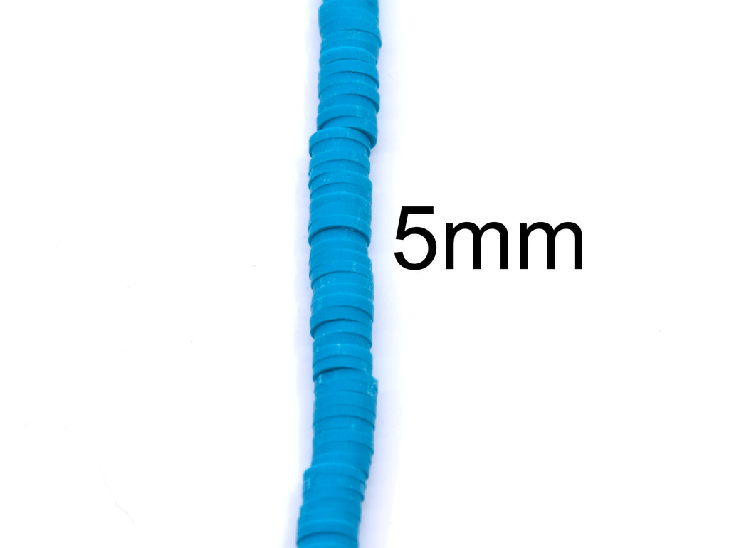 A close-up of a single strand of blue polymer clay disc beads with the text '5mm' to indicate size on a white background. 