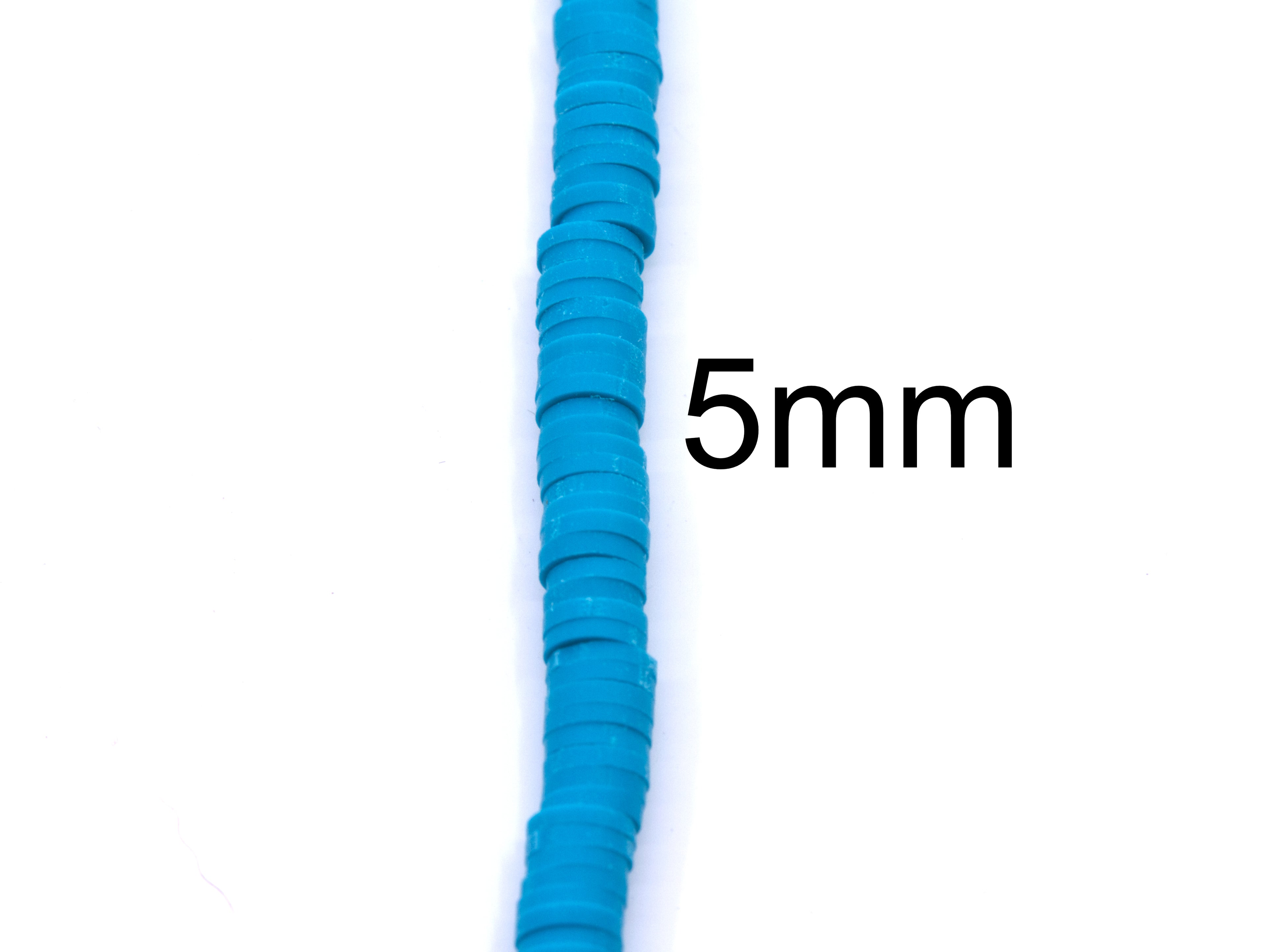 A close-up of a single strand of blue polymer clay disc beads with the text '5mm' to indicate size on a white background. 