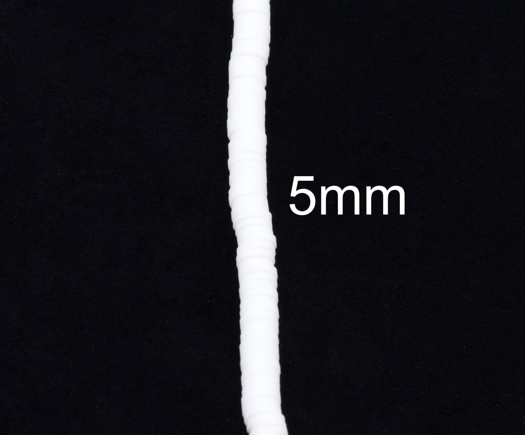 A close-up of a single strand of white polymer clay disc beads shown vertically against a black background, with the text '5mm' overlaid to indicate size