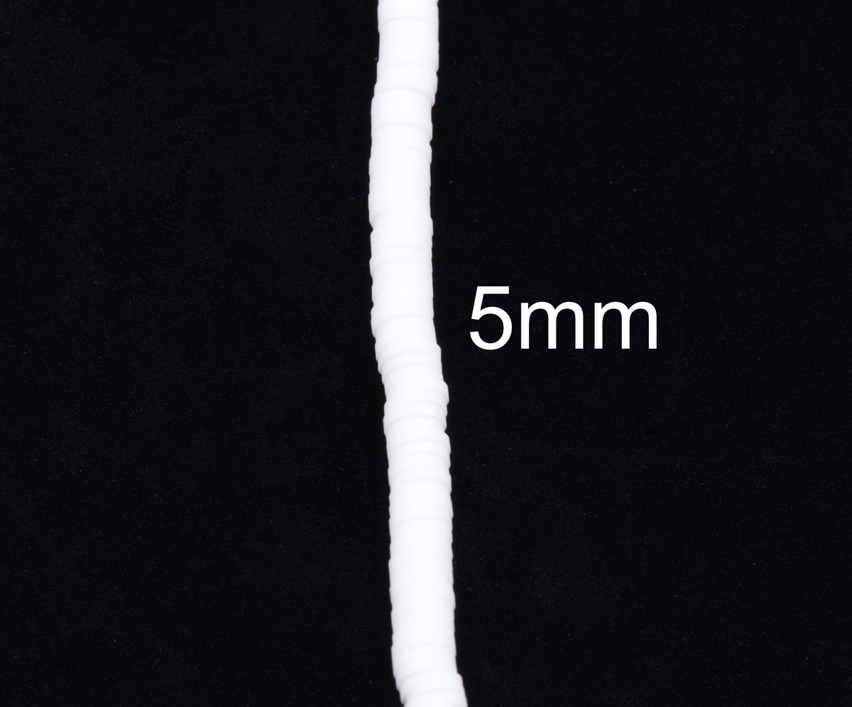 A close-up of a single strand of white polymer clay disc beads shown vertically against a black background, with the text '5mm' overlaid to indicate size