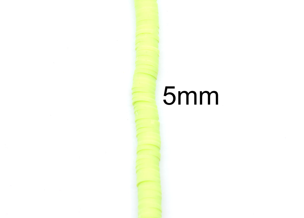 A close-up vertical view of a single strand of yellow-green polymer clay disc beads on a white background, with the text '5mm' overlaid to indicate its size