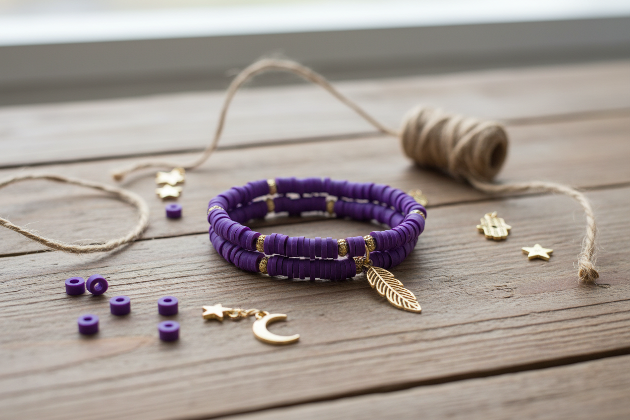 Purple beaded bracelet with gold-toned charms including a feather, crescent moon, and star, displayed on a rustic wooden surface with loose beads, jute twine, and small gold charms.