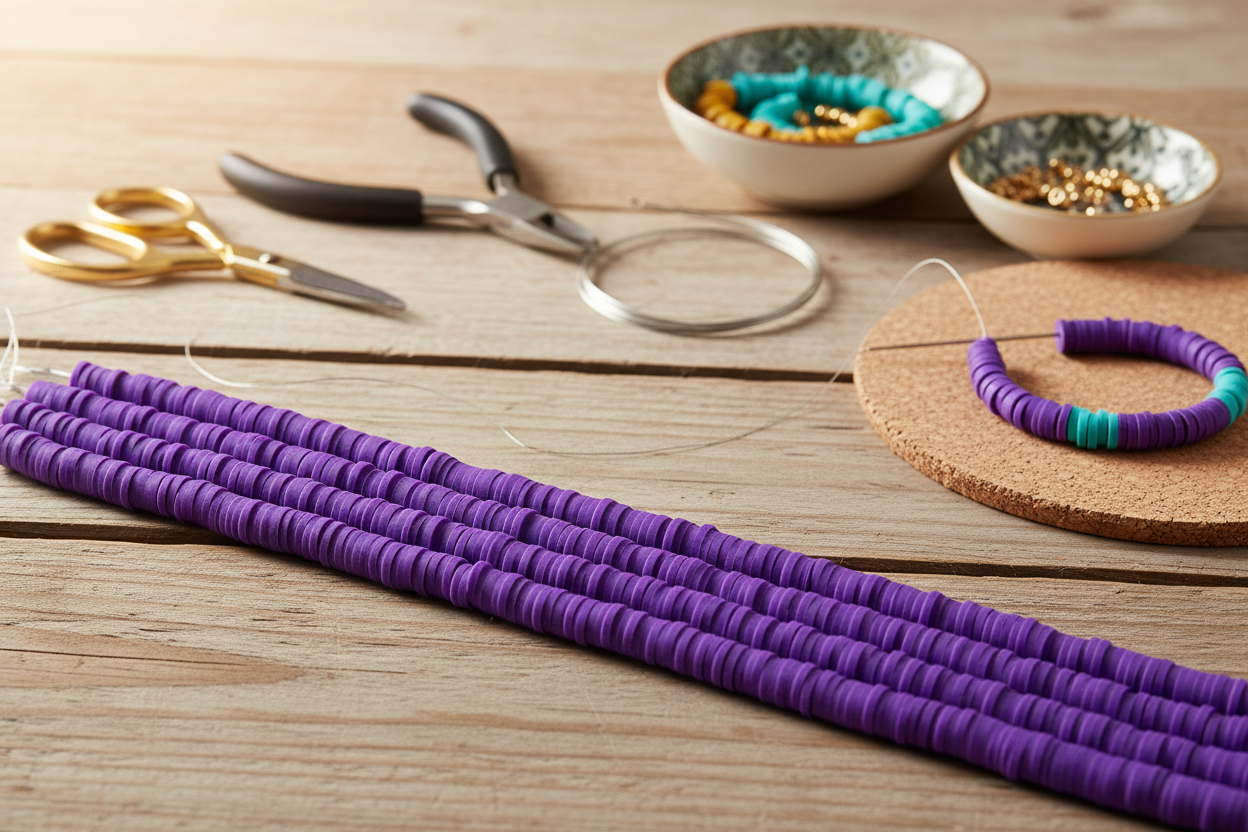 strands of purple round polymer clay disc beads across a rustic wooden table, with a matching beaded bracelet resting on a cork pad nearby. Scissors, pliers, a magnifying glass, and small bowls of colorful beads and glitter are arranged in the background.
