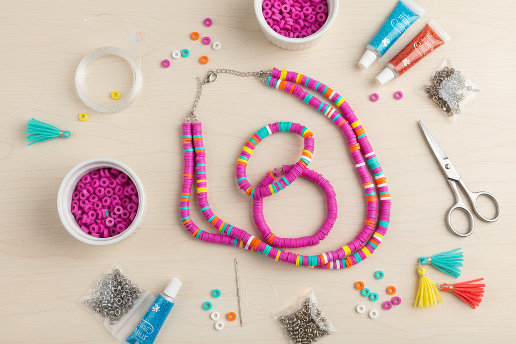 colorful beaded necklace and matching bracelet on a light brown table surrounded by craft supplies and bowls with bright pink beads 