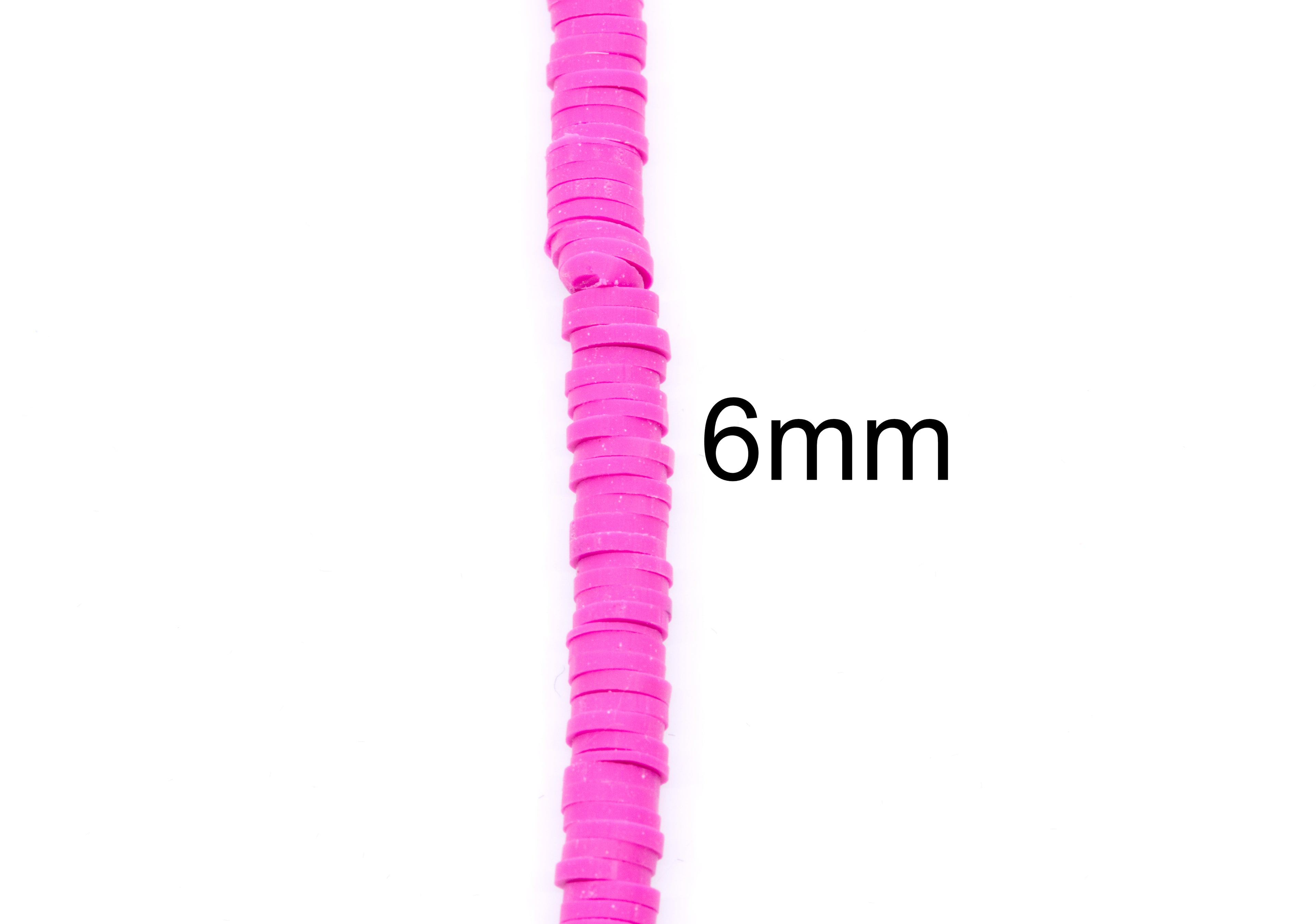 A single strand of bright pink paper polymer clay beads, shown vertically on a plain white background with a black '6mm' size label.