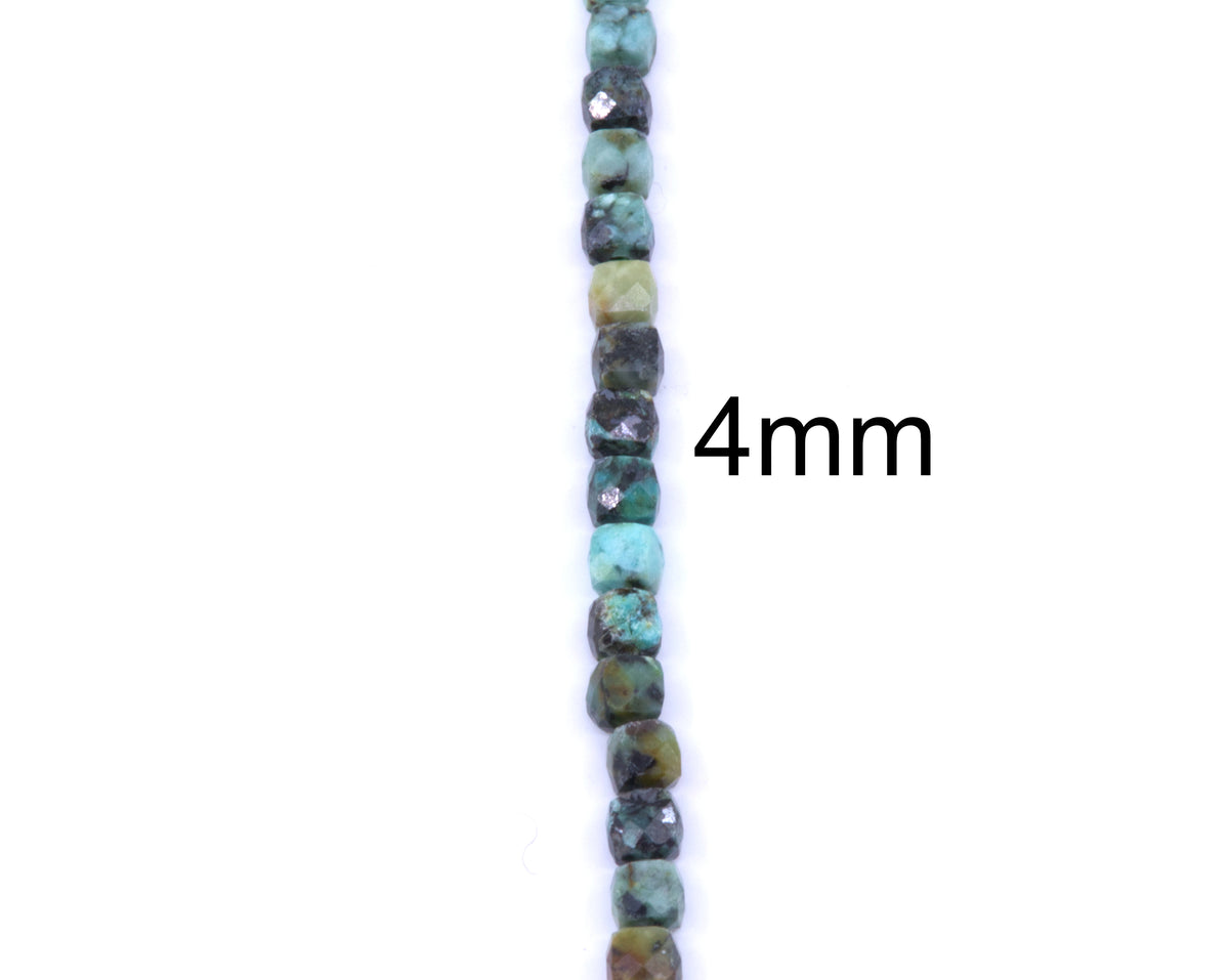 A single strand of faceted cube beads in natural turquoise, green, and brown stone, shown vertically on a white background with a '4mm' size label.