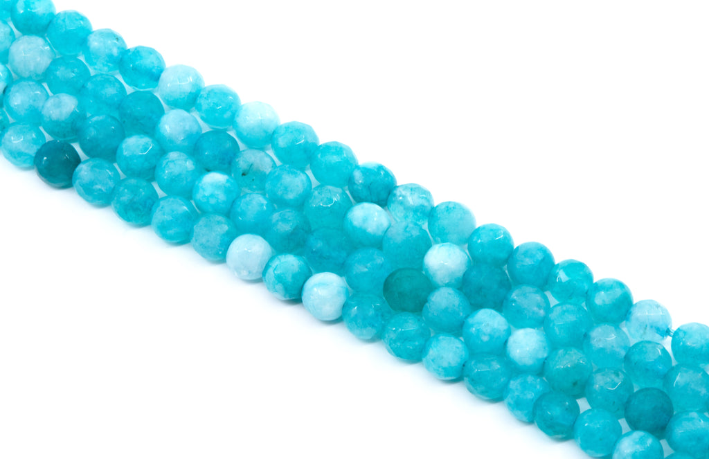 four strands of round blue faceted agate  beads, arranged diagonally on a plain white background.
