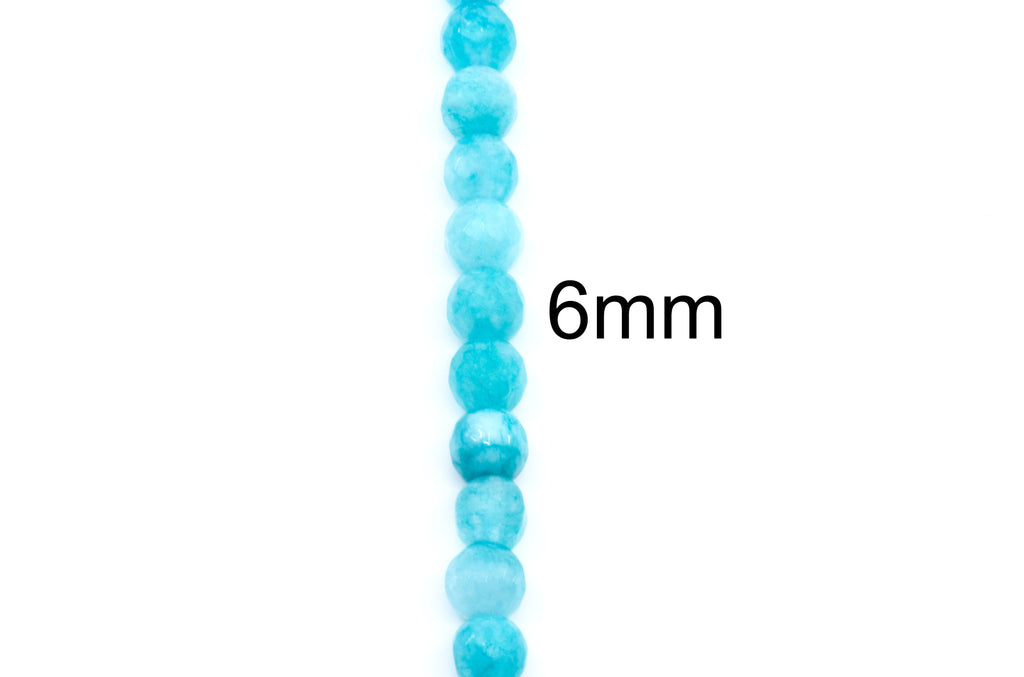 A single strand of round faceted blue beads shown vertically on a white background, with the text '6mm' printed beside it to indicate bead size.