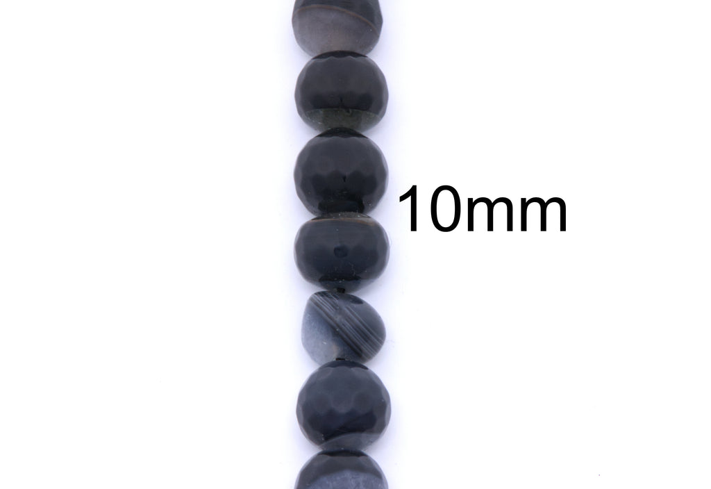 A vertical strand of dark gray to black polished stone beads on a white background, with the text '10mm' printed beside them to indicate bead size.
