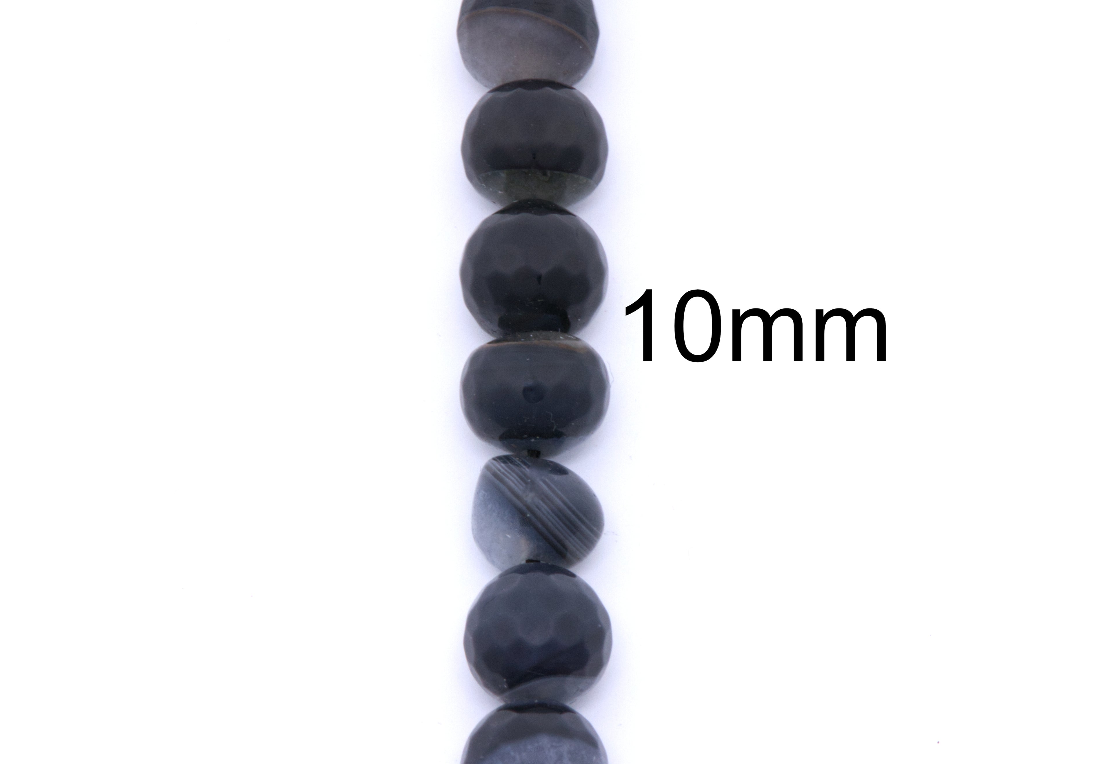 A vertical strand of dark gray to black polished stone beads on a white background, with the text '10mm' printed beside them to indicate bead size.