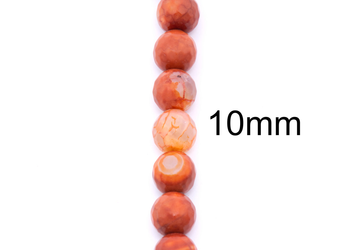 A vertical strand of round burnt orange faceted agate beads on a white background, with the text '10mm' printed to the right indicating the bead size.