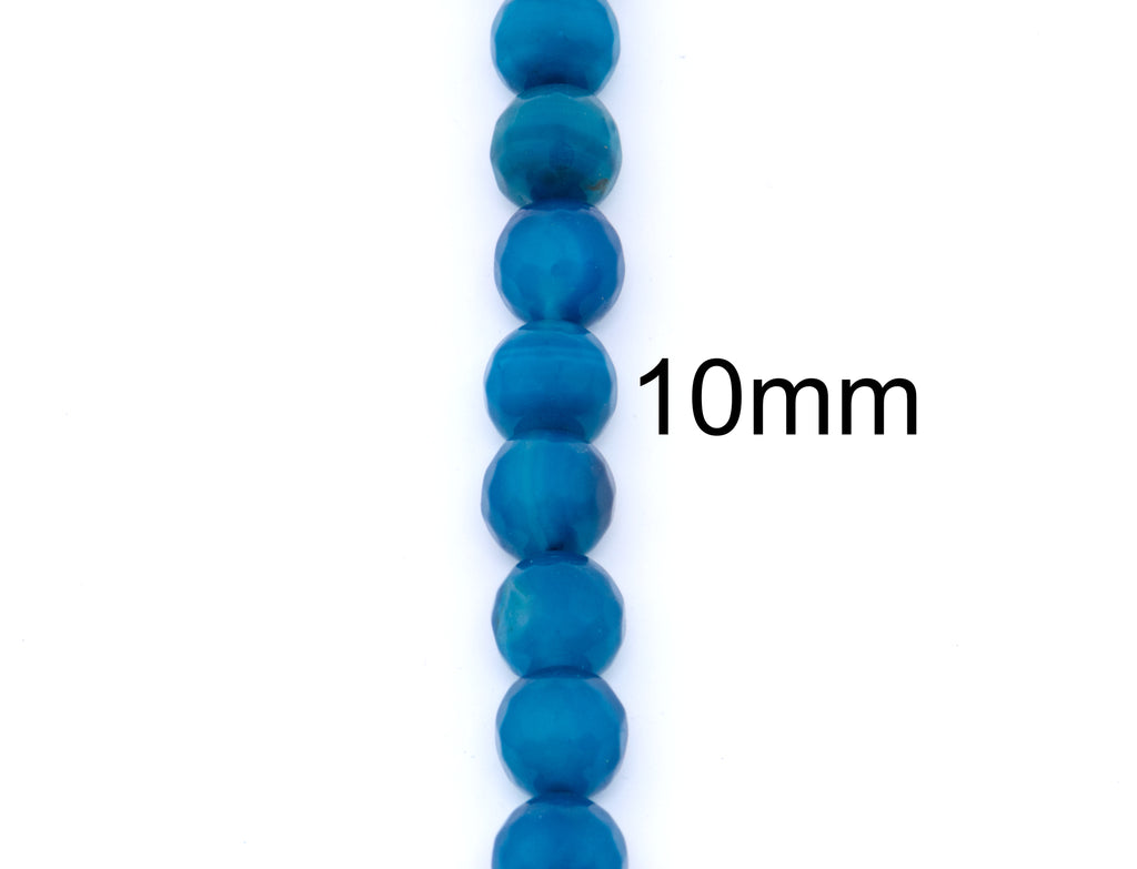A vertical strand of faceted round blue agate beads on a white background, with the text '10mm' printed in black to indicate the bead size.