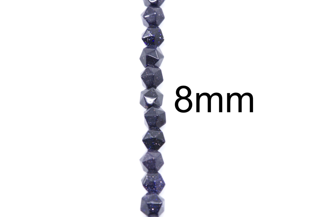 A vertical strand of faceted dark blue diamond cut agate beads with subtle blue sparkle, shown next to the text '8mm' on a plain white background.